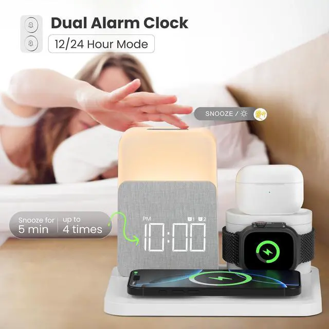 Alt view image 3 of 7 - Alarm Clock with Wireless Charger for Bedrooms, 6 in 1 Wireless Charging Station, Magnetic Charger with Night Light Bedside Clock for iPhone 16 15 14 13 12 Pro Max, Apple Watch, AirPods
