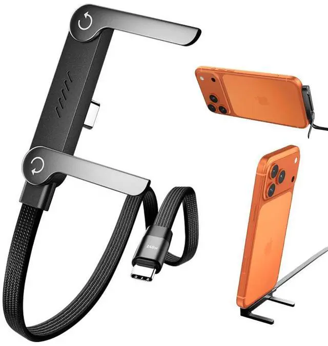 Main image of 240W Braided Fast Charge Cable with Built-in Phone Stand Invisible, 2026 Foldable USB-C Cord 90 Degree Right Angle Multi-Functional Charger Cord 5 FT, Type-C to Type-C, Black, 1PCS