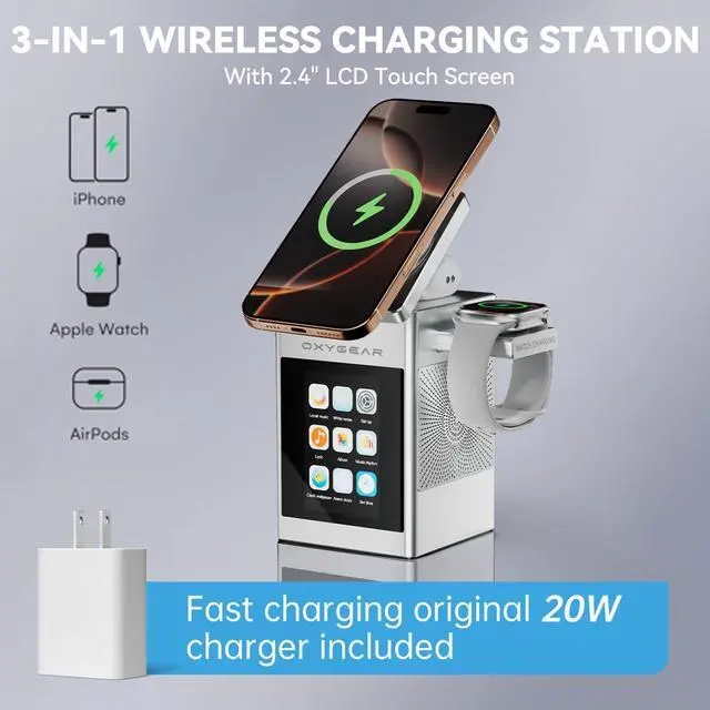 Alt view image 2 of 7 - 7-in-1 Multifunctional Wireless Charging Station, Qi2 15W Magnetic Wireless Charging Dock for Apple iPhone iWatch AirPods, LCD Touch Screen with Bluetooth Speaker, Alarm Clock, 20W Adapter, Sliver