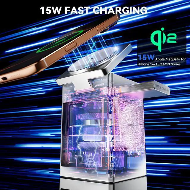 Alt view image 3 of 7 - 7-in-1 Multifunctional Wireless Charging Station, Qi2 15W Magnetic Wireless Charging Dock for Apple iPhone iWatch AirPods, LCD Touch Screen with Bluetooth Speaker, Alarm Clock, 20W Adapter, Sliver