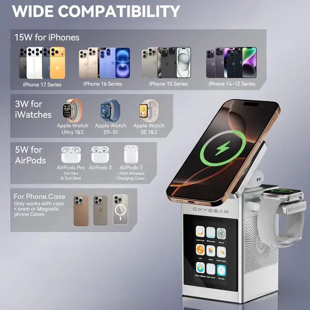 Alt view image 5 of 7 - 7-in-1 Multifunctional Wireless Charging Station, Qi2 15W Magnetic Wireless Charging Dock for Apple iPhone iWatch AirPods, LCD Touch Screen with Bluetooth Speaker, Alarm Clock, 20W Adapter, Sliver