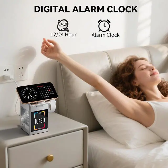 Alt view image 7 of 7 - 7-in-1 Multifunctional Wireless Charging Station, Qi2 15W Magnetic Wireless Charging Dock for Apple iPhone iWatch AirPods, LCD Touch Screen with Bluetooth Speaker, Alarm Clock, 20W Adapter, Sliver
