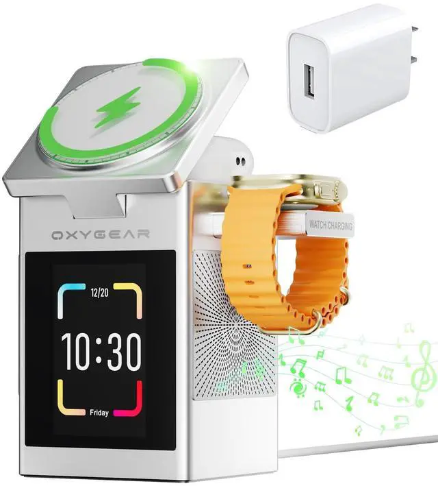 Main image of 7-in-1 Multifunctional Wireless Charging Station, Qi2 15W Magnetic Wireless Charging Dock for Apple iPhone iWatch AirPods, LCD Touch Screen with Bluetooth Speaker, Alarm Clock, 20W Adapter, Sliver