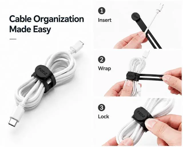 Alt view image 2 of 5 - 10 Pack Reusable Silicone Cable Ties, Flexible Cable Organizer Straps for Charging Cables, Earphones and Power Cords, Cord Management for Desk, Home and Office (Black)