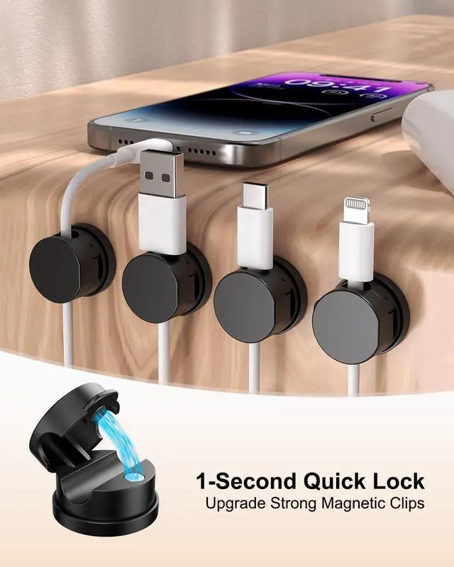 Alt view image 2 of 7 - 8 Pack 360° Rotatable Strong Magnetic Cable Clips Cord Holder for Nightstand, 1s Lock Phone Charger Holder, Adhesive Magnetic Cord Clips for Home/Office/Car/Game Station, Smooth Adjustable