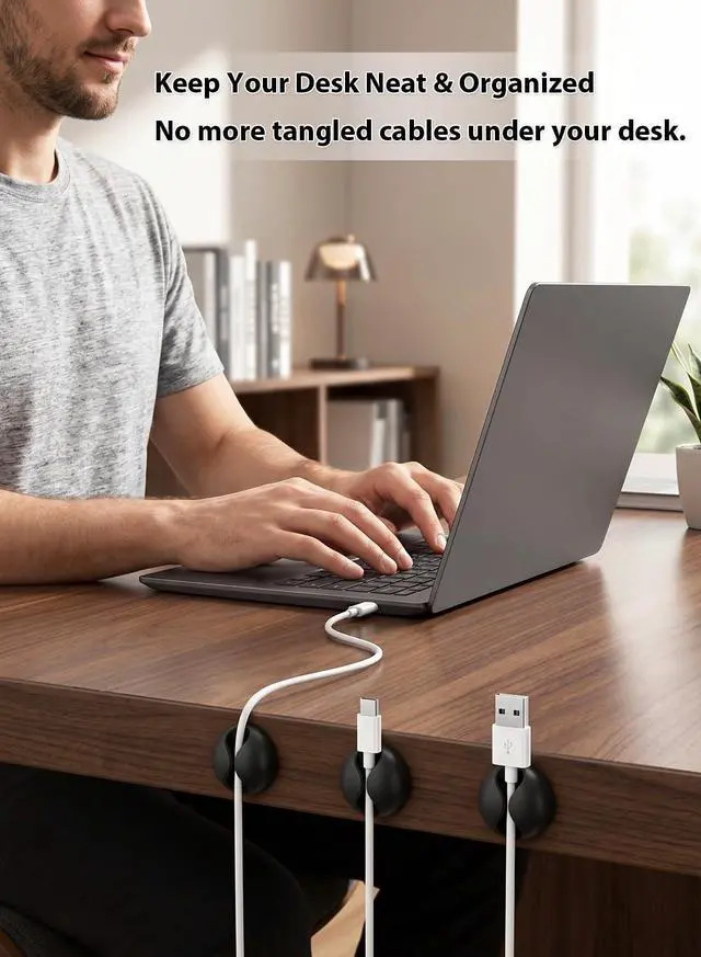 Alt view image 5 of 7 - Cord Organizer, 6 Pack Black Charger Holder Cable Clips Wire Clips for Organizing Desk Nightstand Car Phone Charger