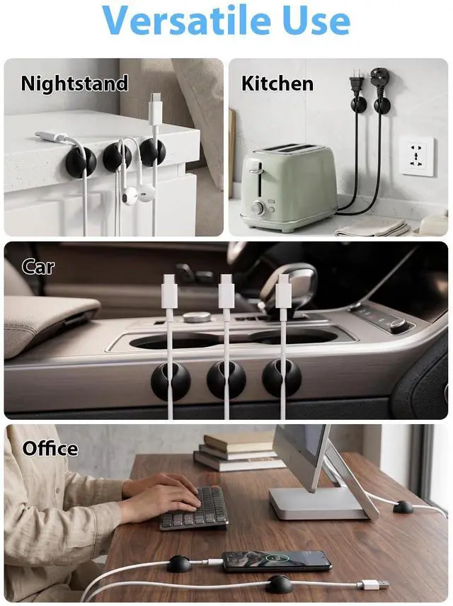 Alt view image 6 of 7 - Cord Organizer, 6 Pack Black Charger Holder Cable Clips Wire Clips for Organizing Desk Nightstand Car Phone Charger