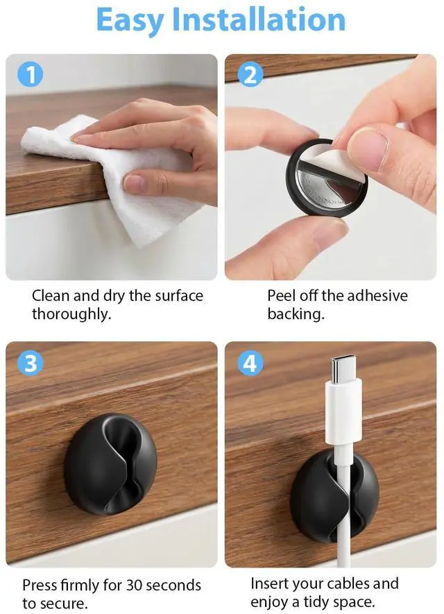 Alt view image 7 of 7 - Cord Organizer, 6 Pack Black Charger Holder Cable Clips Wire Clips for Organizing Desk Nightstand Car Phone Charger