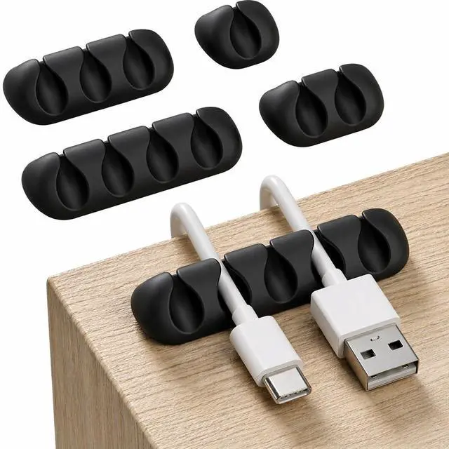 Main image of Cord Organizer for Desk, Cable Holder for Nightstand, Charger Organizer, Adhesive Desktop Wire Clips, Multislot Cable Management, Table Organizer Accessories - 5 Pack, 15 Slots, Black