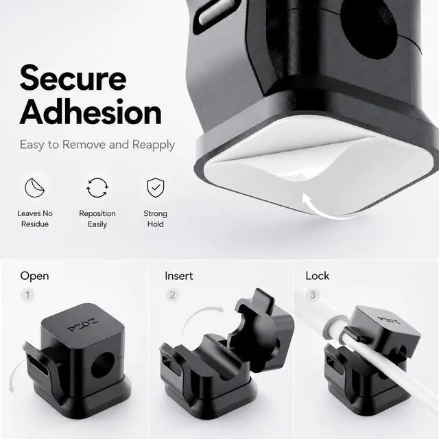 Alt view image 5 of 7 - 6 Pack Cable Clips, No-Slip Secure Lock Cord Holder for Desk, Adhesive Cable Organizer for USB-C, Lightning & Charging Cables (Black)