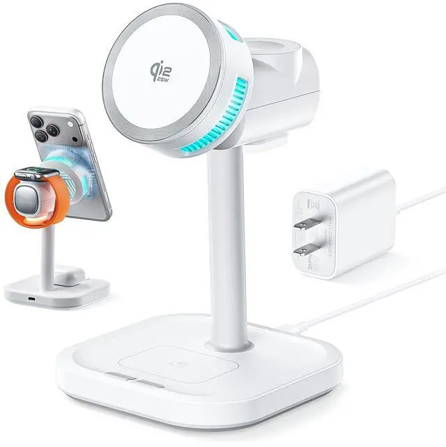 Main image of 25W Magnetic 4-in-1 Wireless Charging Station, TEC Active Cooling MagSafe Charger Stand with Night Light, 45W Adapter Included, for iPhone 17-12, iWatch, AirPods, Samsung Gifts for Fathers Day