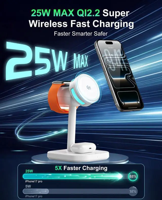Alt view image 3 of 7 - 25W Magnetic 4-in-1 Wireless Charging Station, TEC Active Cooling MagSafe Charger Stand with Night Light, 45W Adapter Included, for iPhone 17-12, iWatch, AirPods, Samsung Gifts for Fathers Day
