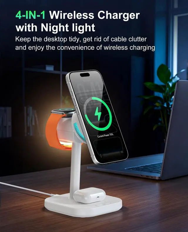 Alt view image 4 of 7 - 25W Magnetic 4-in-1 Wireless Charging Station, TEC Active Cooling MagSafe Charger Stand with Night Light, 45W Adapter Included, for iPhone 17-12, iWatch, AirPods, Samsung Gifts for Fathers Day