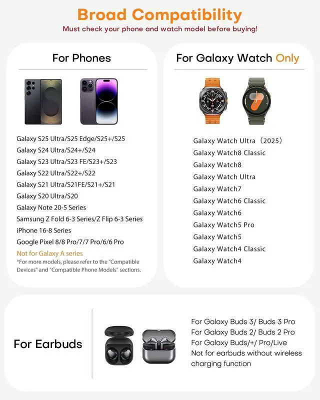 Alt view image 4 of 6 - Wireless Charger for Samsung Charging Station: 3 in 1 Galaxy Watch Charger, Adapter Included, Black(2025 US Version)