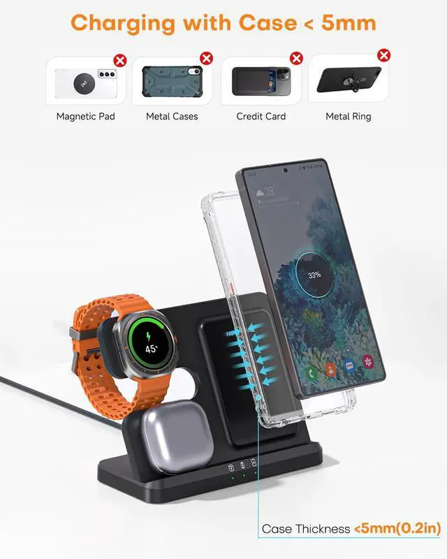 Alt view image 6 of 6 - Wireless Charger for Samsung Charging Station: 3 in 1 Galaxy Watch Charger, Adapter Included, Black(2025 US Version)