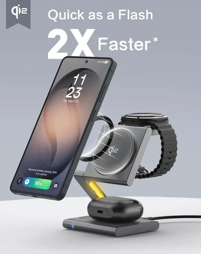 Alt view image 2 of 7 - 4 in 1 Wireless Charging Station for Samsung, Foldable Aluminum Magnetic Charger with LED Light for Samsung Galaxy S25/Ultra/S24/S23/S22, Galaxy Watch 8/7/6/5, Galaxy Buds/Pro