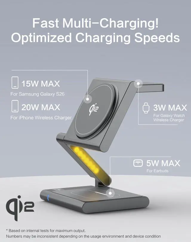 Alt view image 3 of 7 - 4 in 1 Wireless Charging Station for Samsung, Foldable Aluminum Magnetic Charger with LED Light for Samsung Galaxy S25/Ultra/S24/S23/S22, Galaxy Watch 8/7/6/5, Galaxy Buds/Pro