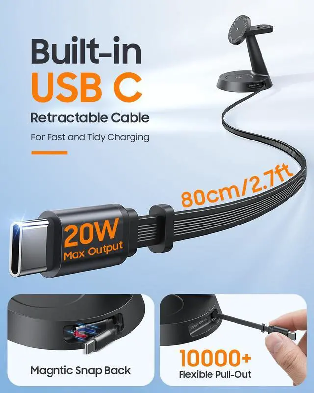 Alt view image 2 of 7 - 4 in 1 Magnetic Wireless Charger with 20W Fast Retractable Cable for Apple Devices, Charging Station Designed for MagSafe Charger Stand with 45W Adapter for iPhone 17 16/Apple Watch/Earbuds