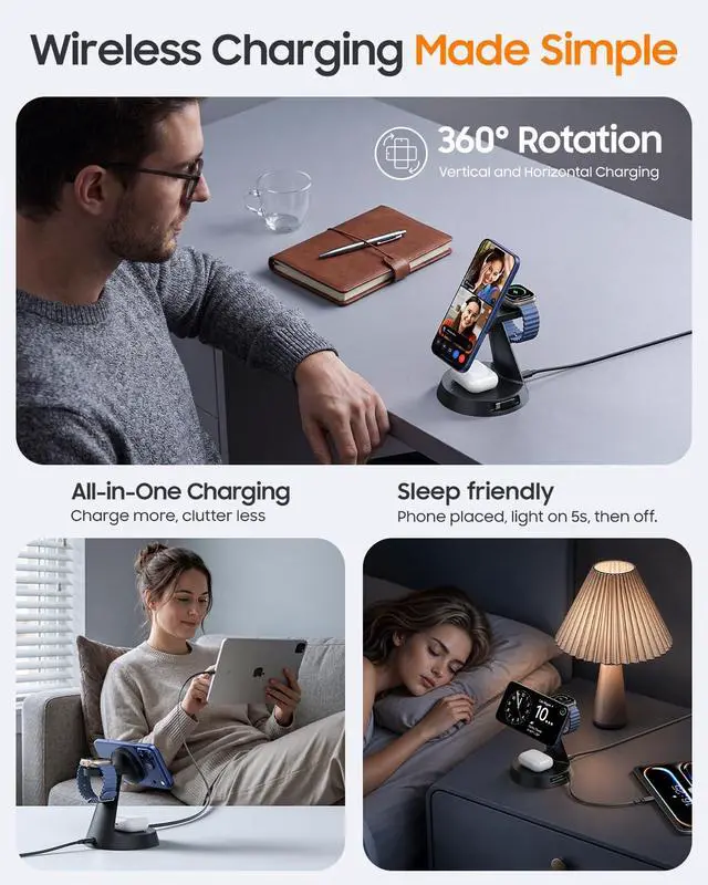 Alt view image 7 of 7 - 4 in 1 Magnetic Wireless Charger with 20W Fast Retractable Cable for Apple Devices, Charging Station Designed for MagSafe Charger Stand with 45W Adapter for iPhone 17 16/Apple Watch/Earbuds