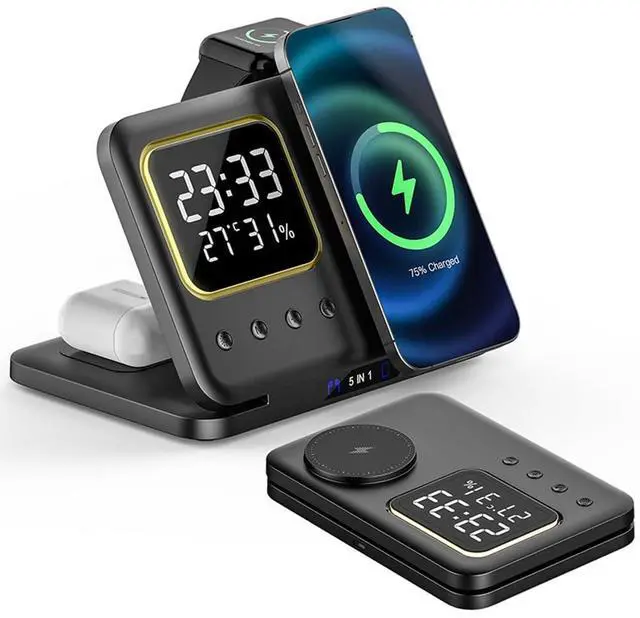 Alt view image 2 of 7 - 5in1 Multi Functional Wireless Charging Station Digital Clock 15W Fast Charging Temperature Display Wireless Charger for All Qi Phone and TWS Headphone Compliant with Apple Watch-DH15 Black