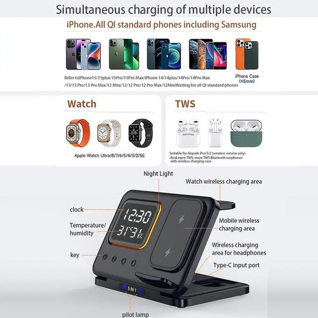Alt view image 5 of 7 - 5in1 Multi Functional Wireless Charging Station Digital Clock 15W Fast Charging Temperature Display Wireless Charger for All Qi Phone and TWS Headphone Compliant with Apple Watch-DH15 Black