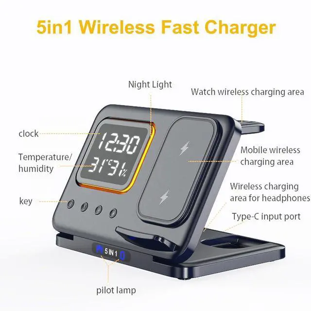 Alt view image 6 of 7 - 5in1 Multi Functional Wireless Charging Station Digital Clock 15W Fast Charging Temperature Display Wireless Charger for All Qi Phone and TWS Headphone Compliant with Apple Watch-DH15 Black