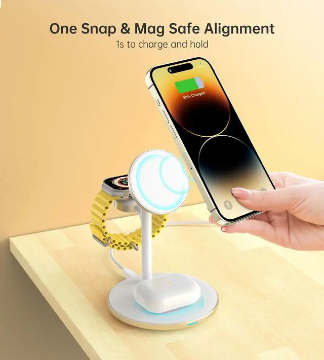 Main image of 3 in 1 Wireless Charging Station for Apple Devices, Fast Wireless Mag-Safe Charger Stand with 20W Adapter for iPhone 17/16 15 14 13 12 Pro Max/Pro/Plus/Air/Mini, iWatch, AirPods (Gold)