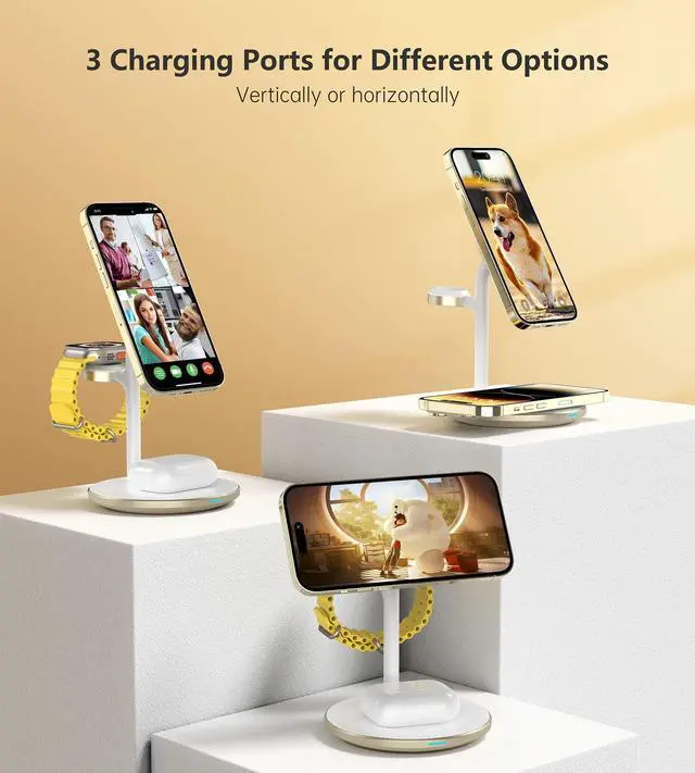 Alt view image 4 of 6 - 3 in 1 Wireless Charging Station for Apple Devices, Fast Wireless Mag-Safe Charger Stand with 20W Adapter for iPhone 17/16 15 14 13 12 Pro Max/Pro/Plus/Air/Mini, iWatch, AirPods (Gold)