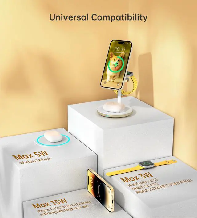 Alt view image 5 of 6 - 3 in 1 Wireless Charging Station for Apple Devices, Fast Wireless Mag-Safe Charger Stand with 20W Adapter for iPhone 17/16 15 14 13 12 Pro Max/Pro/Plus/Air/Mini, iWatch, AirPods (Gold)