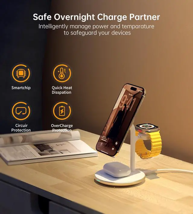 Alt view image 3 of 6 - 3 in 1 Wireless Charging Station for Apple Devices, Fast Wireless Mag-Safe Charger Stand with 20W Adapter for iPhone 17/16 15 14 13 12 Pro Max/Pro/Plus/Air/Mini, iWatch, AirPods (Gold)