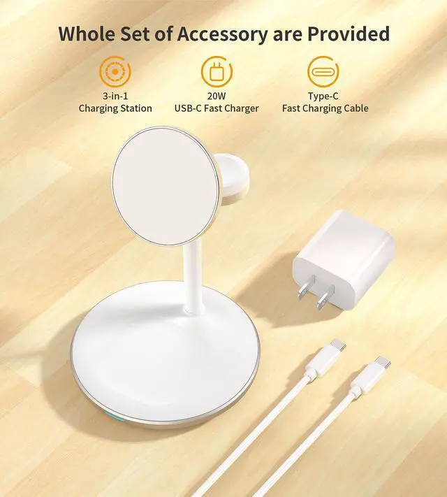 Alt view image 6 of 6 - 3 in 1 Wireless Charging Station for Apple Devices, Fast Wireless Mag-Safe Charger Stand with 20W Adapter for iPhone 17/16 15 14 13 12 Pro Max/Pro/Plus/Air/Mini, iWatch, AirPods (Gold)