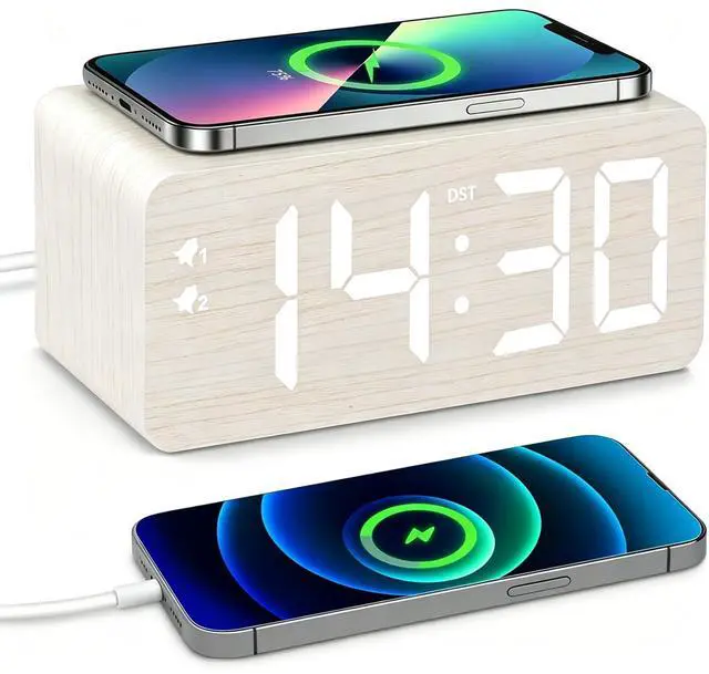 Main image of Wooden Digital Alarm Clock, 10W Fast Wireless Charger Station & 2 USB Charging Ports, with 0~99% Dimmer, Dual Alarm, Weekday/Weekend Mode, Wood LED Clock for Bedroom, Desk, Office