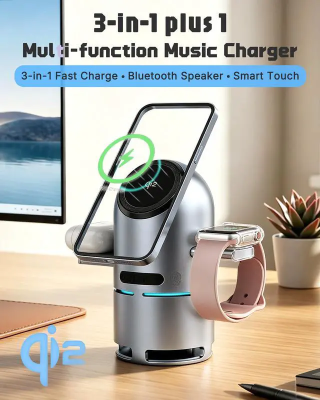 Alt view image 2 of 6 - 3-in-1 Charging Station for Multiple Devices, Charging Stand with Portable Bulti-in Speaker, Qi2 Certified 30W Fast Wireless Charger for iPhone 17/16/15/14/13/12 Pro, Apple Watch & AirPods