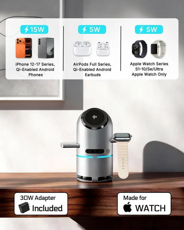 Alt view image 4 of 6 - 3-in-1 Charging Station for Multiple Devices, Charging Stand with Portable Bulti-in Speaker, Qi2 Certified 30W Fast Wireless Charger for iPhone 17/16/15/14/13/12 Pro, Apple Watch & AirPods