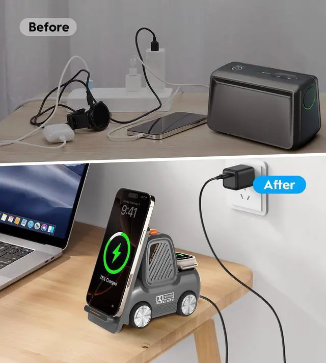 Alt view image 4 of 6 - Forklift Wireless Charging Station with Bluetooth Speaker, 4 in 1 Wireless Fast Charger Multiple Devices, Compatible with iPhone16 15 14 13 Pro Max Series, Apple iWatch, Airpods, Android Phones