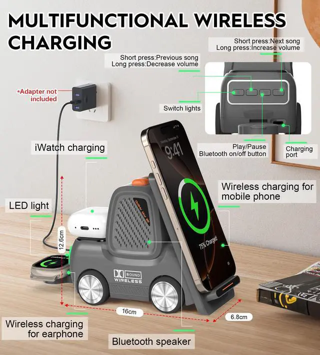 Alt view image 3 of 6 - Forklift Wireless Charging Station with Bluetooth Speaker, 4 in 1 Wireless Fast Charger Multiple Devices, Compatible with iPhone16 15 14 13 Pro Max Series, Apple iWatch, Airpods, Android Phones
