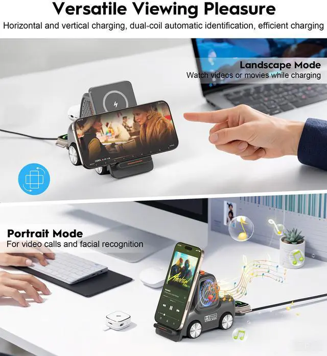 Alt view image 5 of 6 - Forklift Wireless Charging Station with Bluetooth Speaker, 4 in 1 Wireless Fast Charger Multiple Devices, Compatible with iPhone16 15 14 13 Pro Max Series, Apple iWatch, Airpods, Android Phones