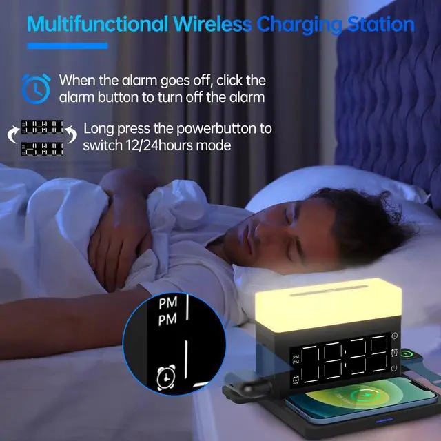 Alt view image 3 of 6 - Wireless Charger,6 in 1 Wireless Charging Station with Digital Alarm Clock & Night Light,15W Fast Charger Compatible with iPhone 14/13/12/11/XS Samsung Galaxy AirPods & Apple Watch (Black)