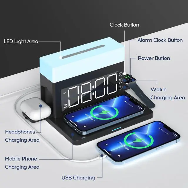 Alt view image 5 of 6 - Wireless Charger,6 in 1 Wireless Charging Station with Digital Alarm Clock & Night Light,15W Fast Charger Compatible with iPhone 14/13/12/11/XS Samsung Galaxy AirPods & Apple Watch (Black)