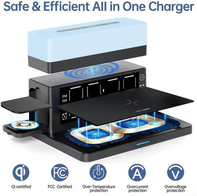Alt view image 6 of 6 - Wireless Charger,6 in 1 Wireless Charging Station with Digital Alarm Clock & Night Light,15W Fast Charger Compatible with iPhone 14/13/12/11/XS Samsung Galaxy AirPods & Apple Watch (Black)