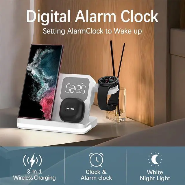 Alt view image 3 of 7 - 4in1 Multi Functional Wireless Charging Station with Digital Alarm Clock 15W Fast Charger Night Light Wireless Charger for All Qi Phone and Earbud Headphone Compliant with i-Watch-B22 White
