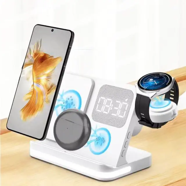 Main image of 4in1 Multi Functional Wireless Charging Station with Digital Alarm Clock 15W Fast Charger Night Light Wireless Charger for All Qi Phone and Earbud Headphone Compliant with i-Watch-B22 White