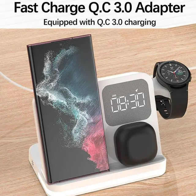 Alt view image 4 of 7 - 4in1 Multi Functional Wireless Charging Station with Digital Alarm Clock 15W Fast Charger Night Light Wireless Charger for All Qi Phone and Earbud Headphone Compliant with i-Watch-B22 White