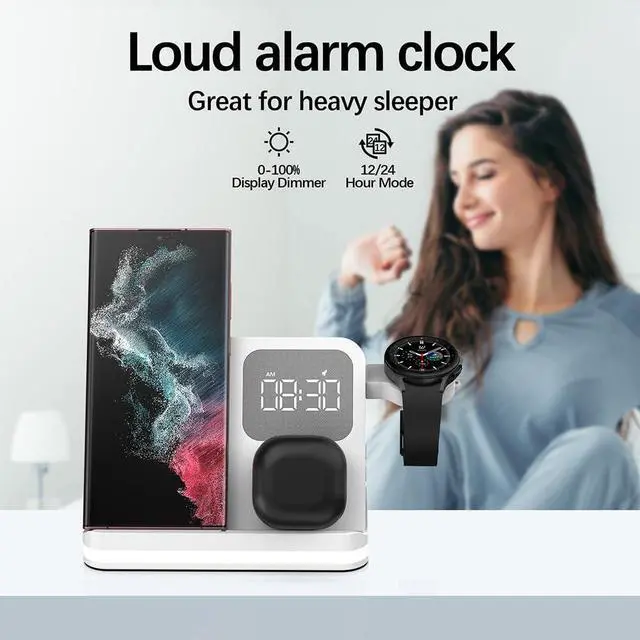 Alt view image 6 of 7 - 4in1 Multi Functional Wireless Charging Station with Digital Alarm Clock 15W Fast Charger Night Light Wireless Charger for All Qi Phone and Earbud Headphone Compliant with i-Watch-B22 White