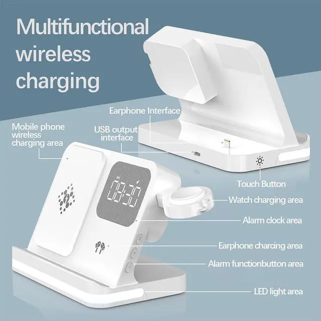 Alt view image 5 of 7 - 4in1 Multi Functional Wireless Charging Station with Digital Alarm Clock 15W Fast Charger Night Light Wireless Charger for All Qi Phone and Earbud Headphone Compliant with i-Watch-B22 White