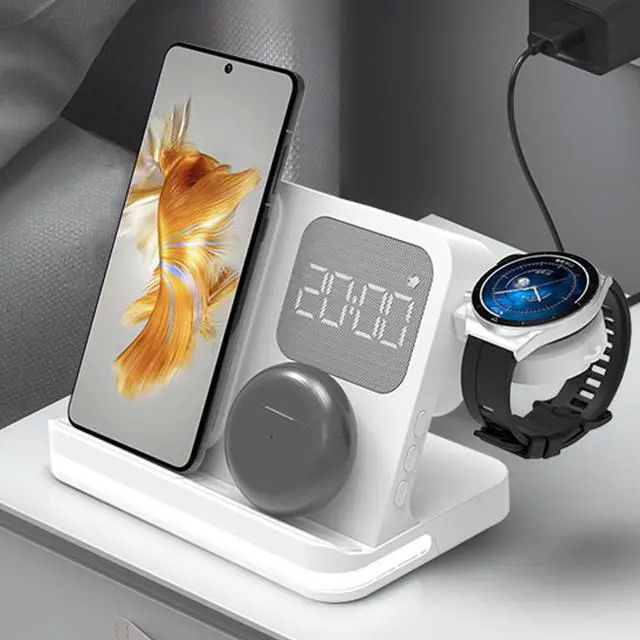 Alt view image 2 of 7 - 4in1 Multi Functional Wireless Charging Station with Digital Alarm Clock 15W Fast Charger Night Light Wireless Charger for All Qi Phone and Earbud Headphone Compliant with i-Watch-B22 White
