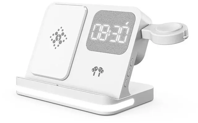 Alt view image 7 of 7 - 4in1 Multi Functional Wireless Charging Station with Digital Alarm Clock 15W Fast Charger Night Light Wireless Charger for All Qi Phone and Earbud Headphone Compliant with i-Watch-B22 White