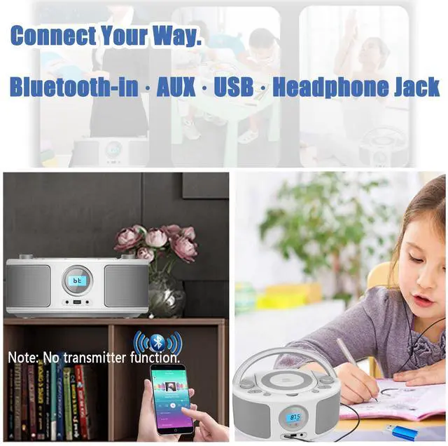 Alt view image 6 of 7 - Portable CD Player Boombox with Bluetooth, FM Radio, Remote Control, USB Port and AUX Headphone Jack, MP3 CDs Compatible, Clear Stereo Sound, AC/Battery Powered