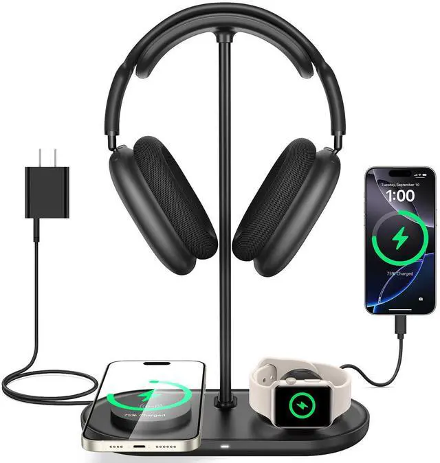 Main image of 4 in 1 Headphone Stand for Desk with Wireless Charger & USB Charging for iPhone/AirPods/iWatch, Universal Desktop Gaming Headset Holder for Airpods Max, Bose, Beats, Razer and More, Black