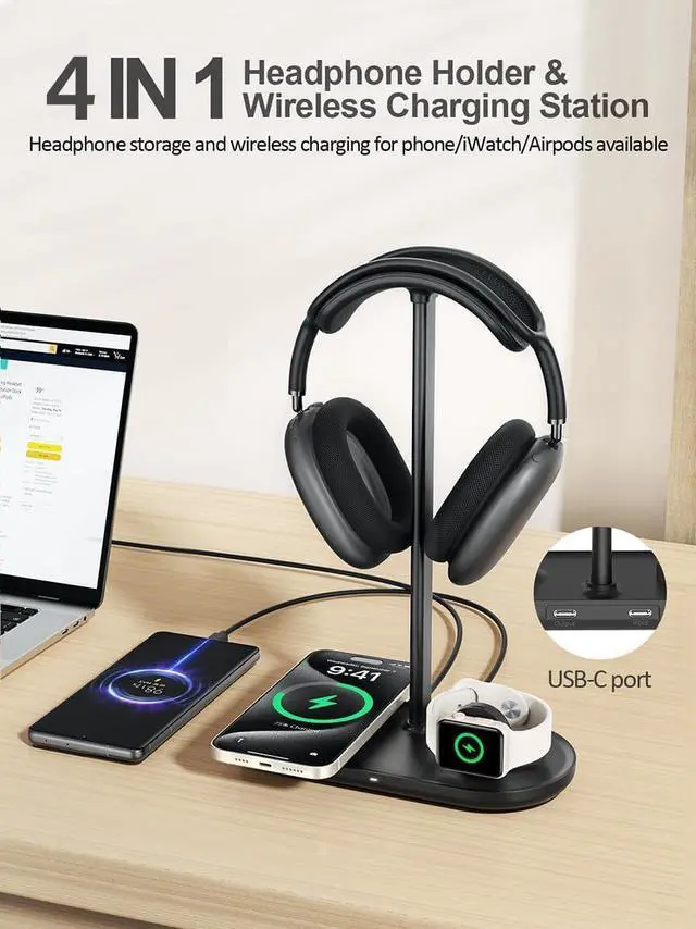 Alt view image 2 of 7 - 4 in 1 Headphone Stand for Desk with Wireless Charger & USB Charging for iPhone/AirPods/iWatch, Universal Desktop Gaming Headset Holder for Airpods Max, Bose, Beats, Razer and More, Black